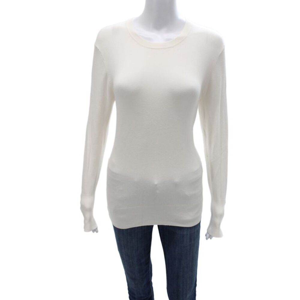 Zara Women Basic White Crew Neck Long Sleeve Sweater Button Closure Size L